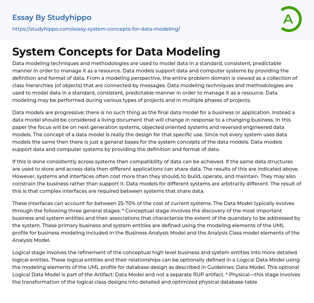 System Concepts for Data Modeling Essay Example