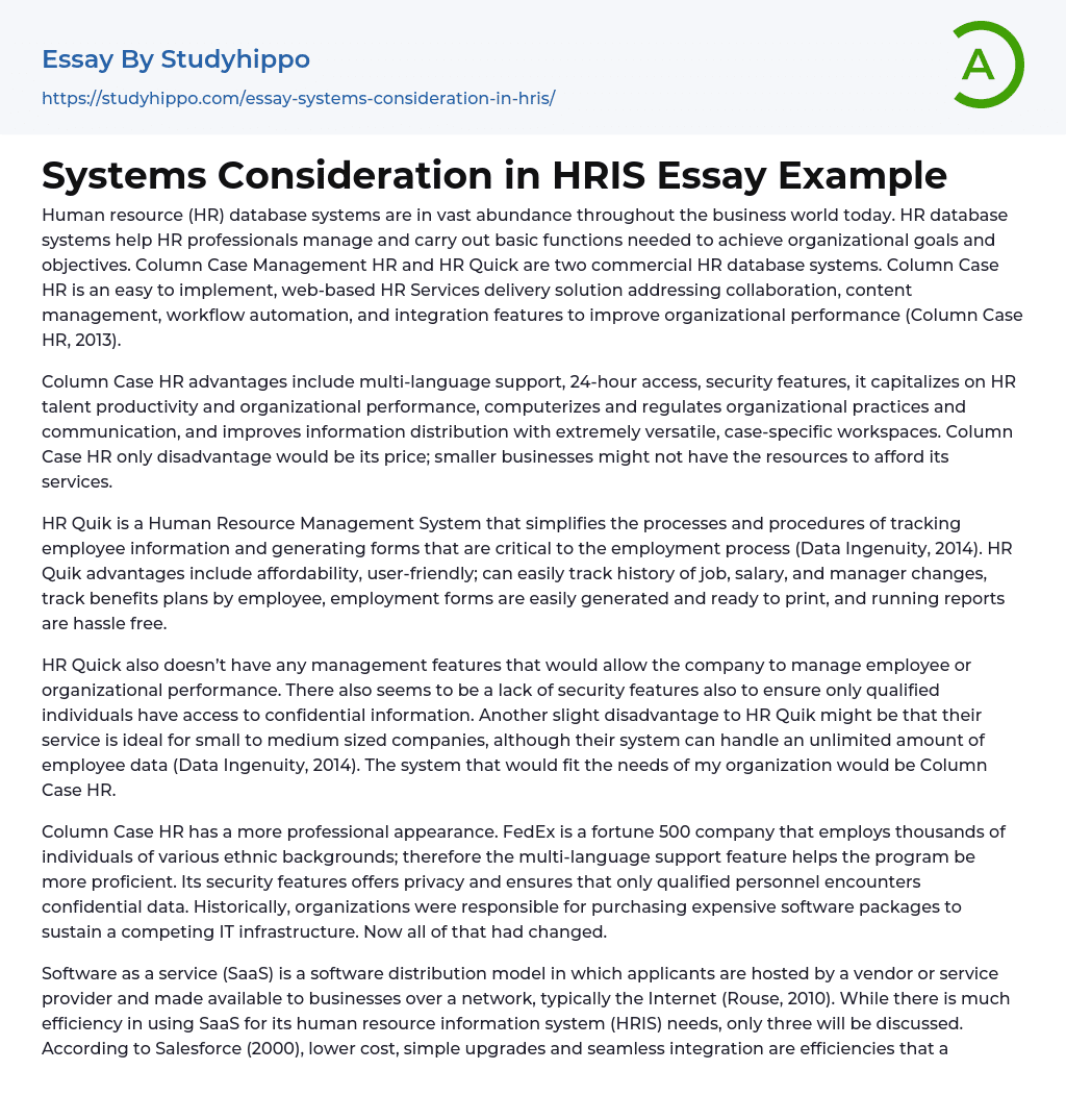 Systems Consideration in HRIS Essay Example