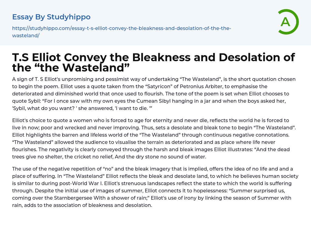 T.S Elliot Convey the Bleakness and Desolation of the “the Wasteland” Essay Example