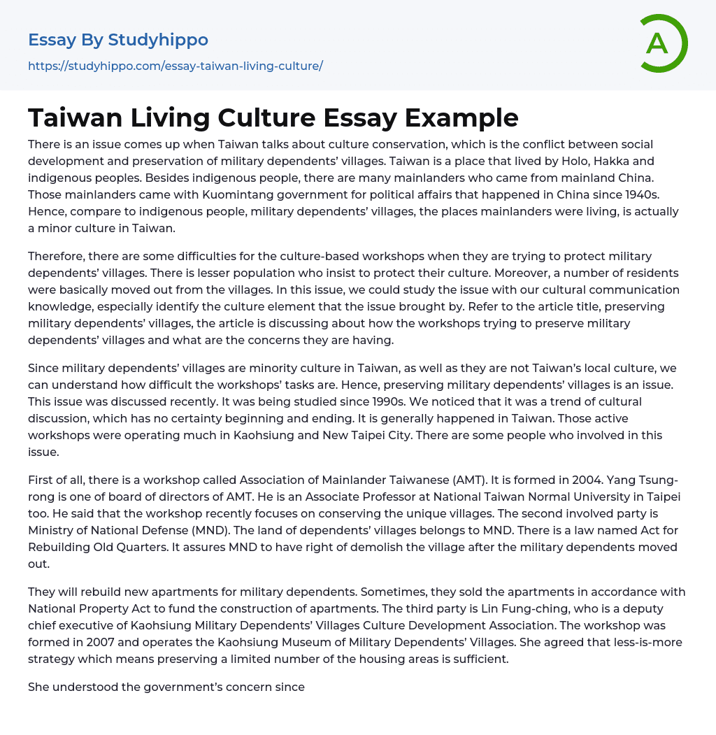 Taiwan Living Culture Essay Example
