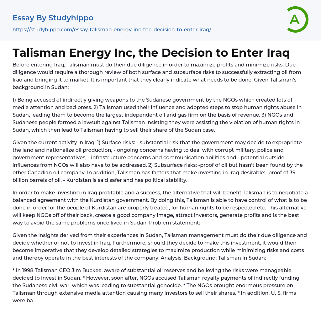 Talisman Energy Inc, the Decision to Enter Iraq Essay Example