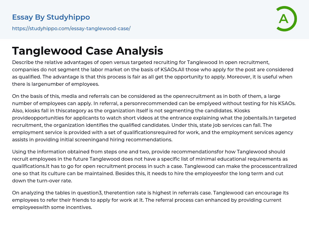 Tanglewood Case Analysis Essay Example