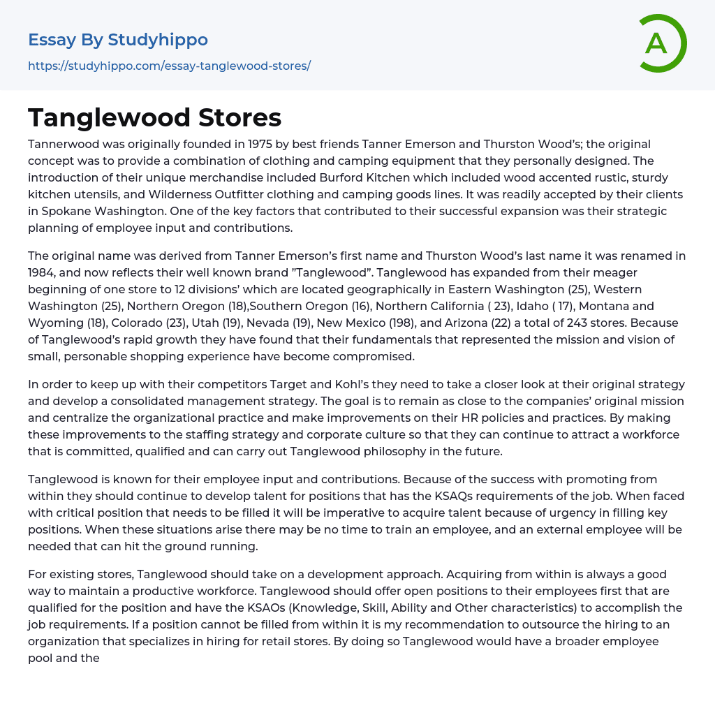 Tanglewood Stores Essay Example