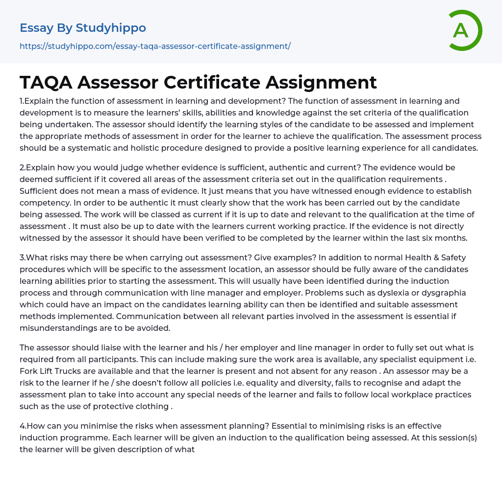 TAQA Assessor Certificate Assignment Essay Example