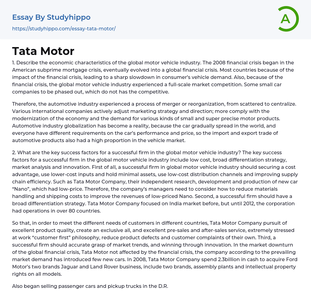 Tata Motor Essay Example