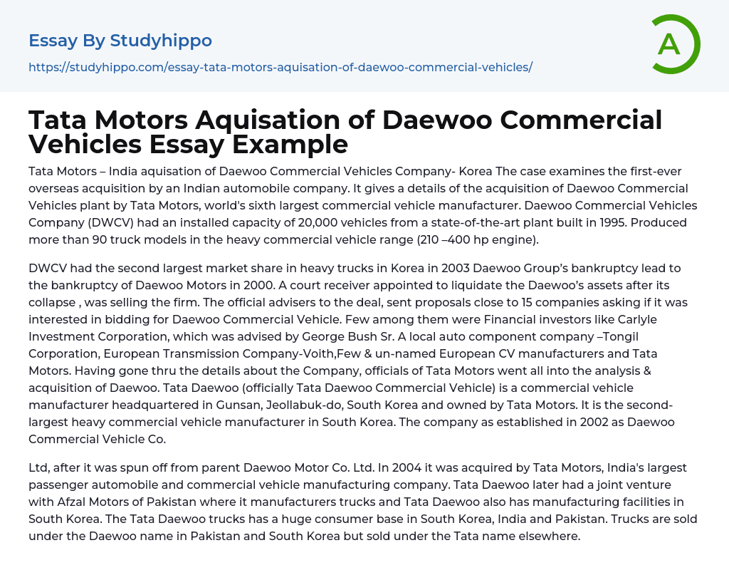 Tata Motors Aquisation of Daewoo Commercial Vehicles Essay Example