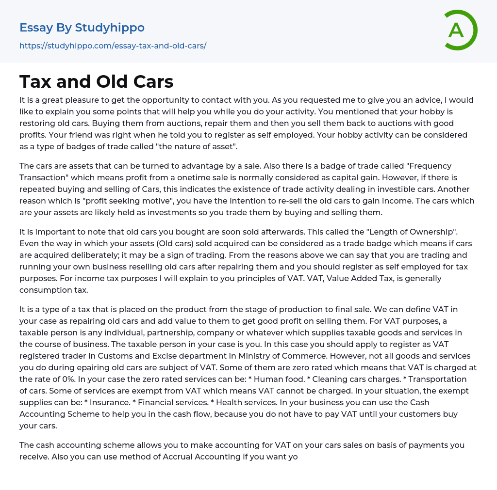 Tax and Old Cars Essay Example