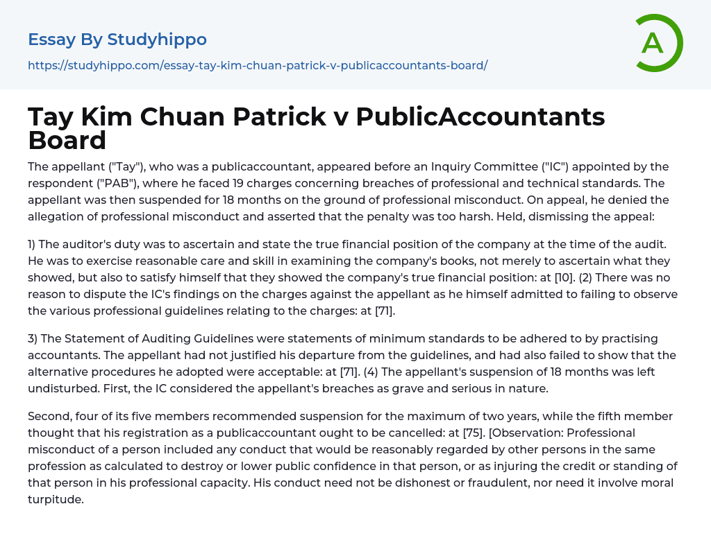 Tay Kim Chuan Patrick v PublicAccountants Board Essay Example