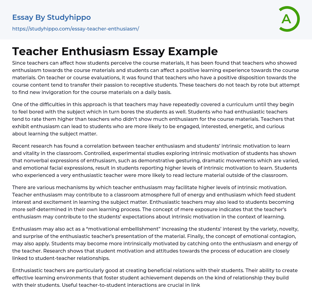 Teacher Enthusiasm Essay Example