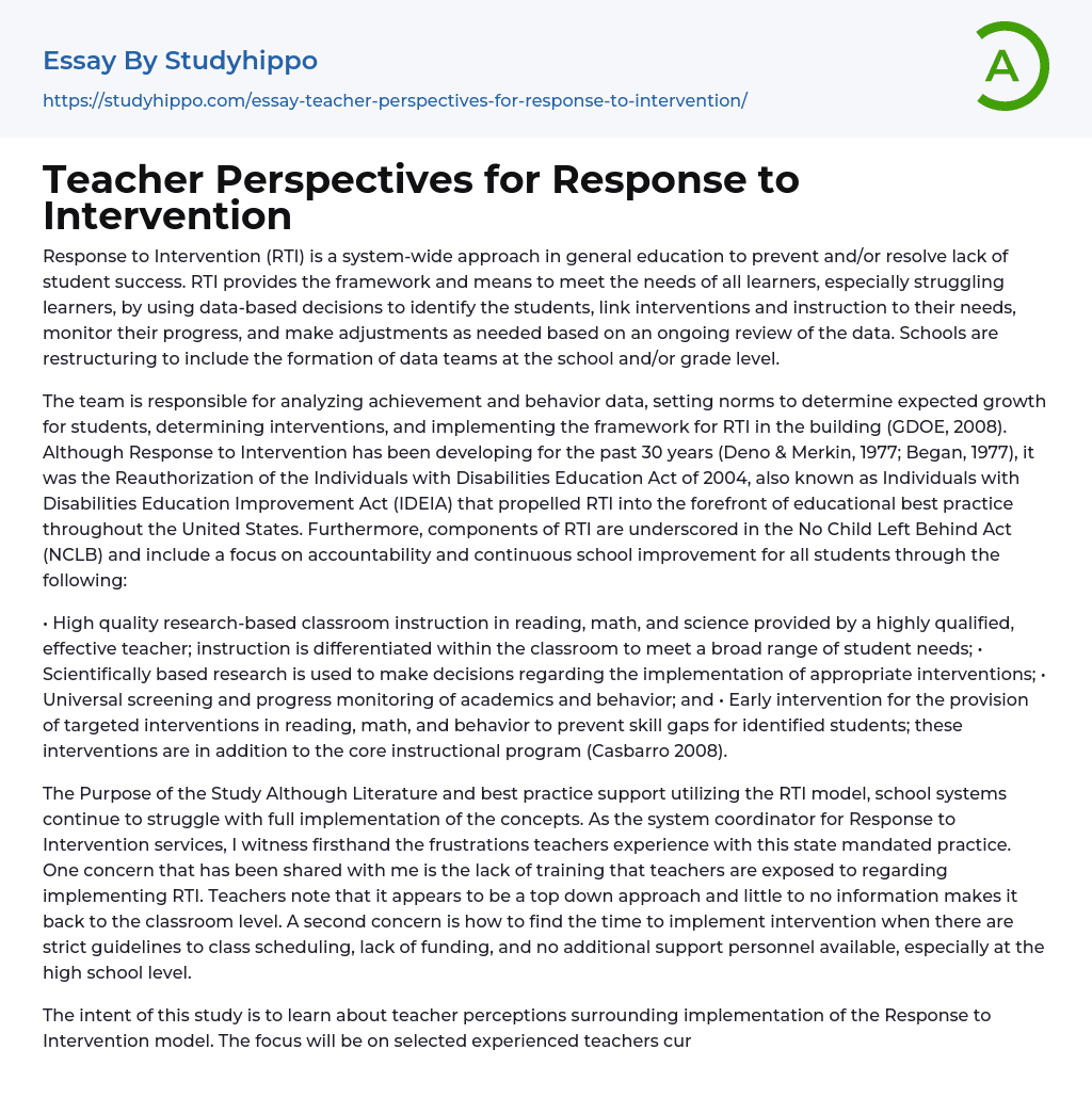 Teacher Perspectives for Response to Intervention Essay Example