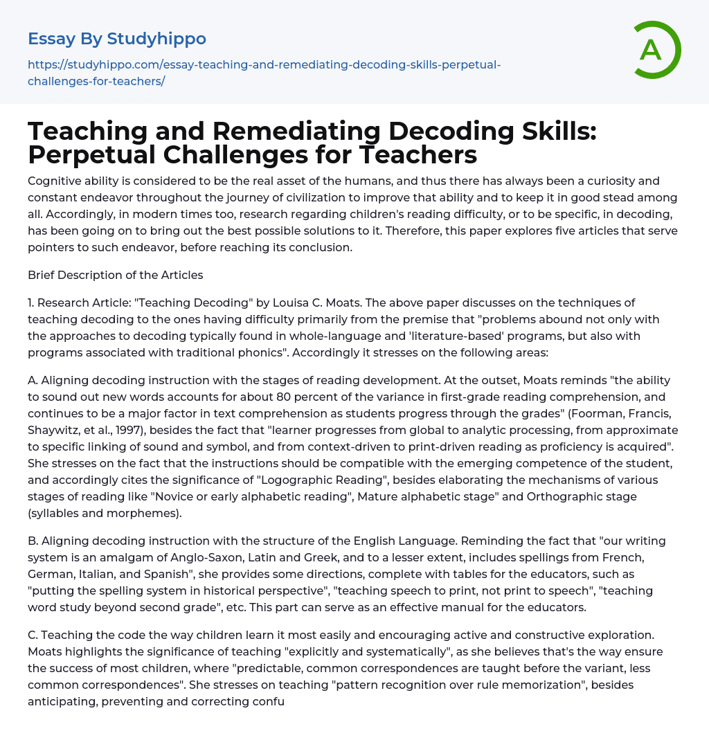 Teaching and Remediating Decoding Skills: Perpetual Challenges for Teachers Essay Example