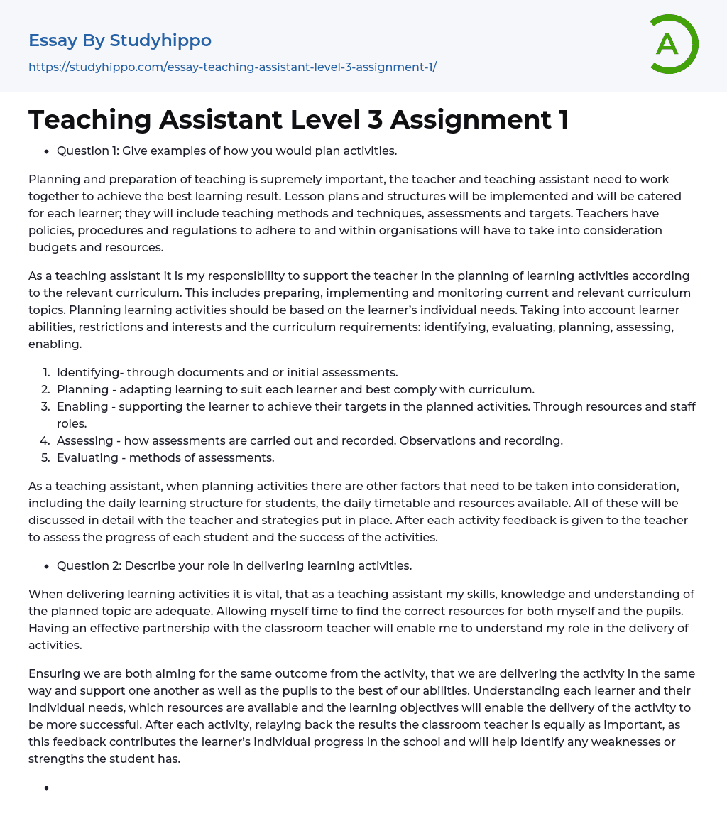Teaching Assistant Level 3 Assignment 1 Essay Example