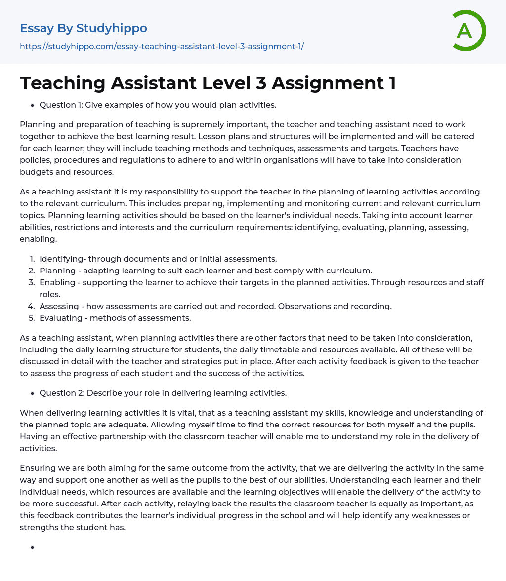 Teaching Assistant Level 3 Assignment 1 Essay Example StudyHippo