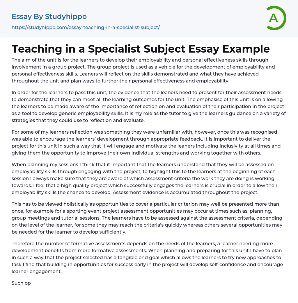 Teaching in a Specialist Subject Essay Example