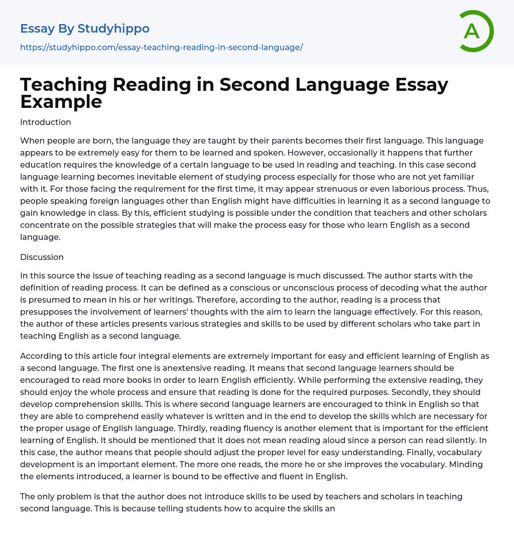 Teaching Reading in Second Language Essay Example