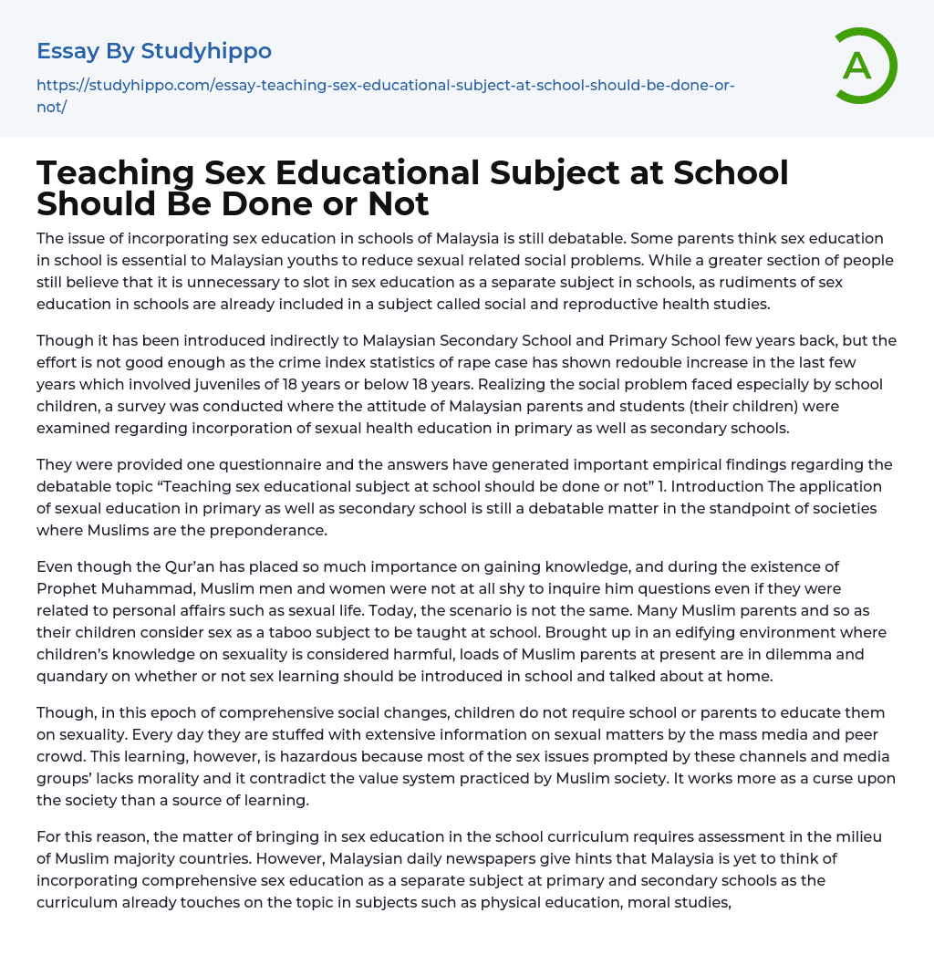 Teaching Sex Educational Subject at School Should Be Done or Not Essay Example