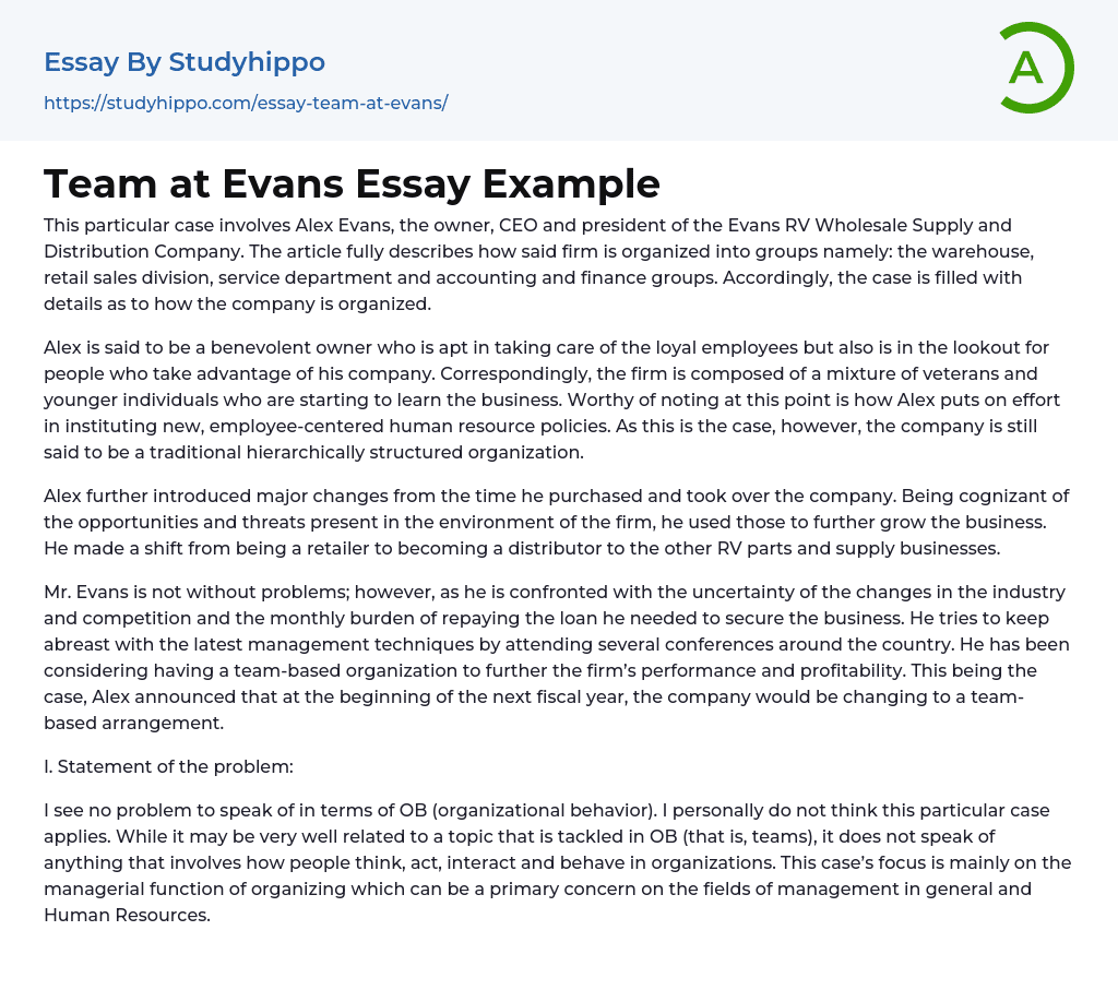 Team at Evans Essay Example