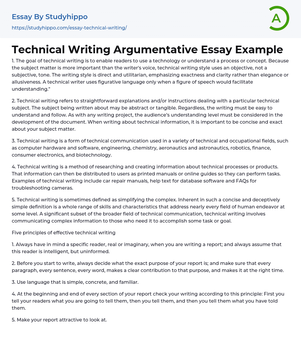 Technical Writing Argumentative Essay Example