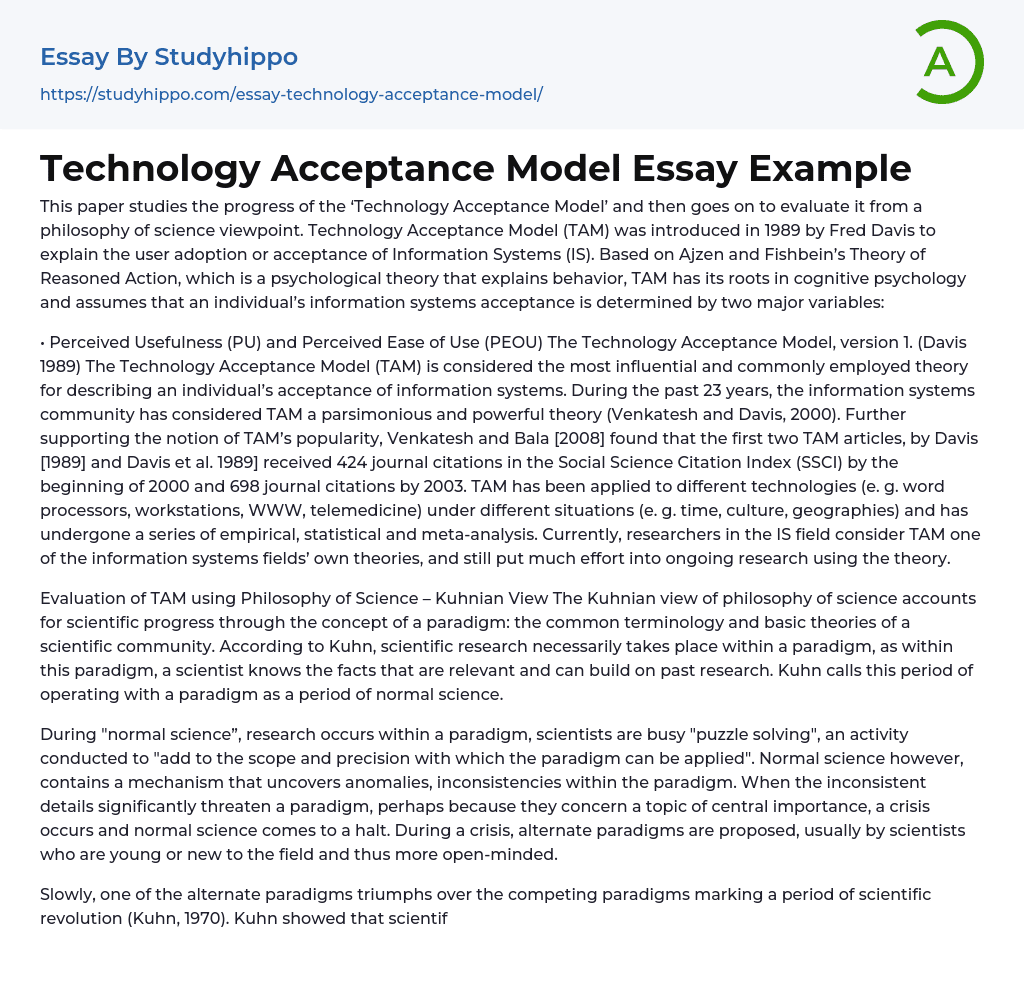 Technology Acceptance Model Essay Example