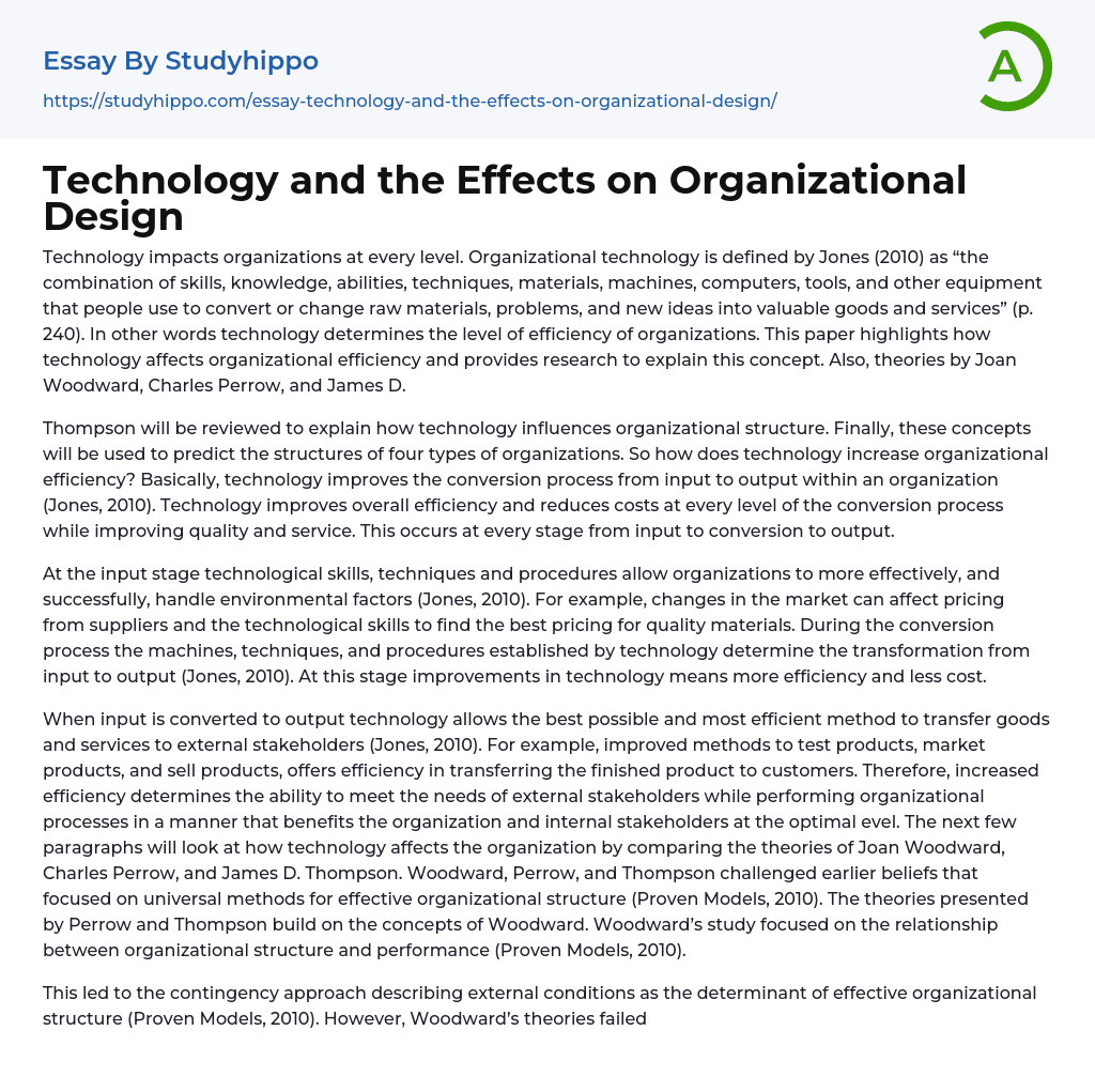 Technology and the Effects on Organizational Design Essay Example