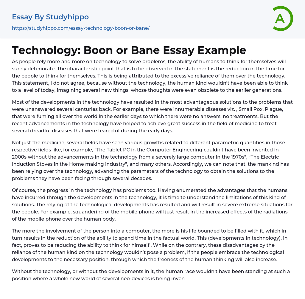 Technology: Boon or Bane Essay Example