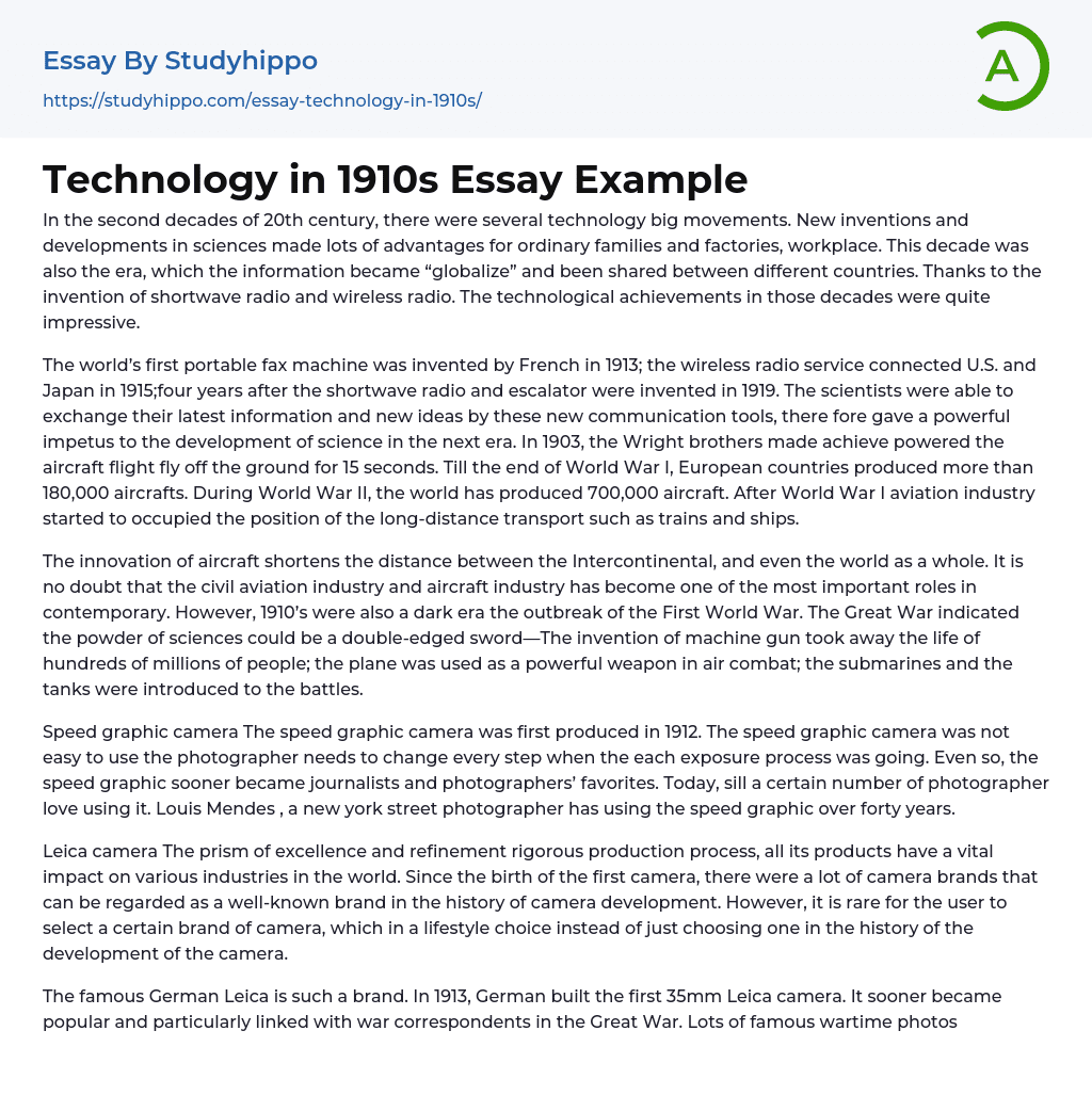 Technology in 1910s Essay Example