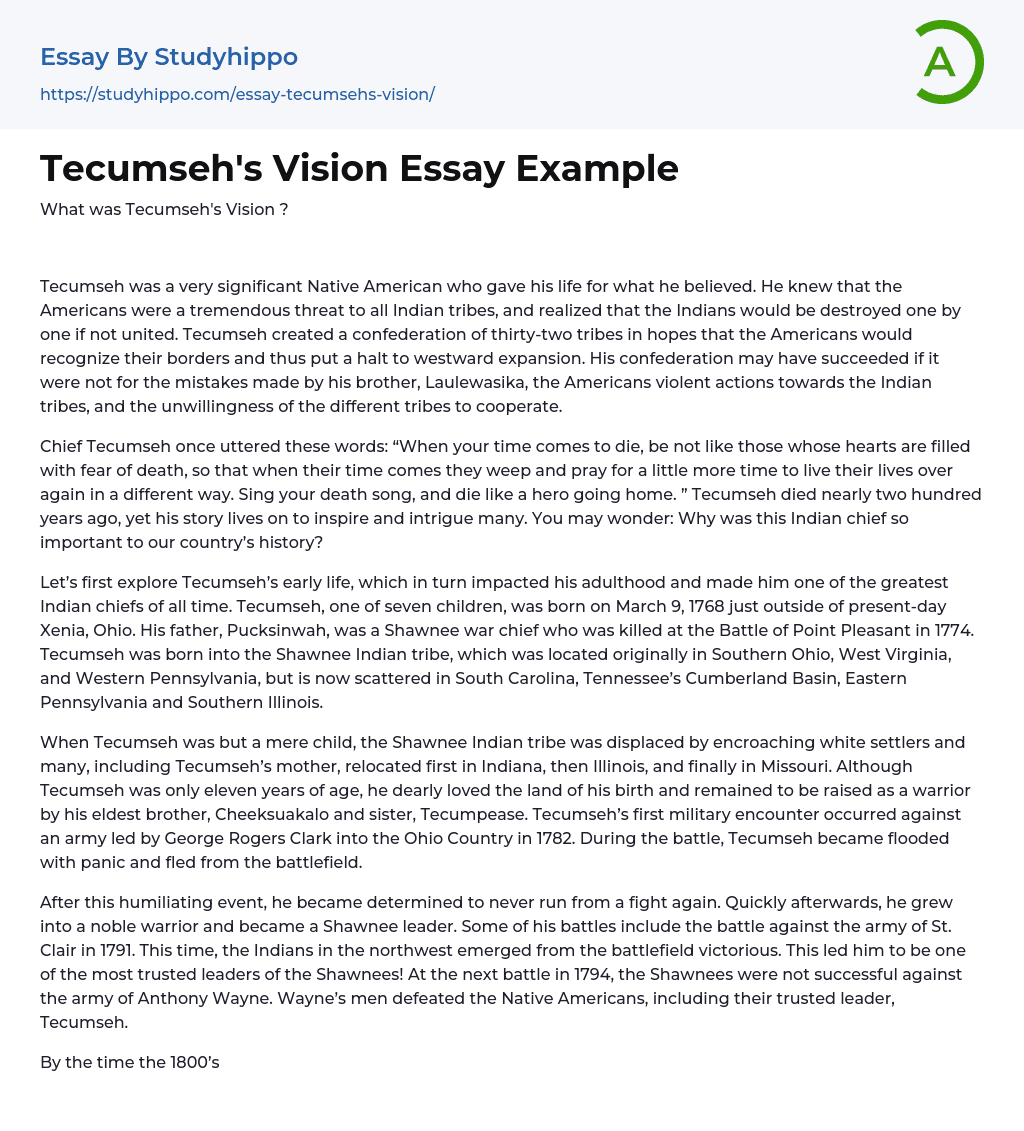 Tecumseh’s Vision Essay Example
