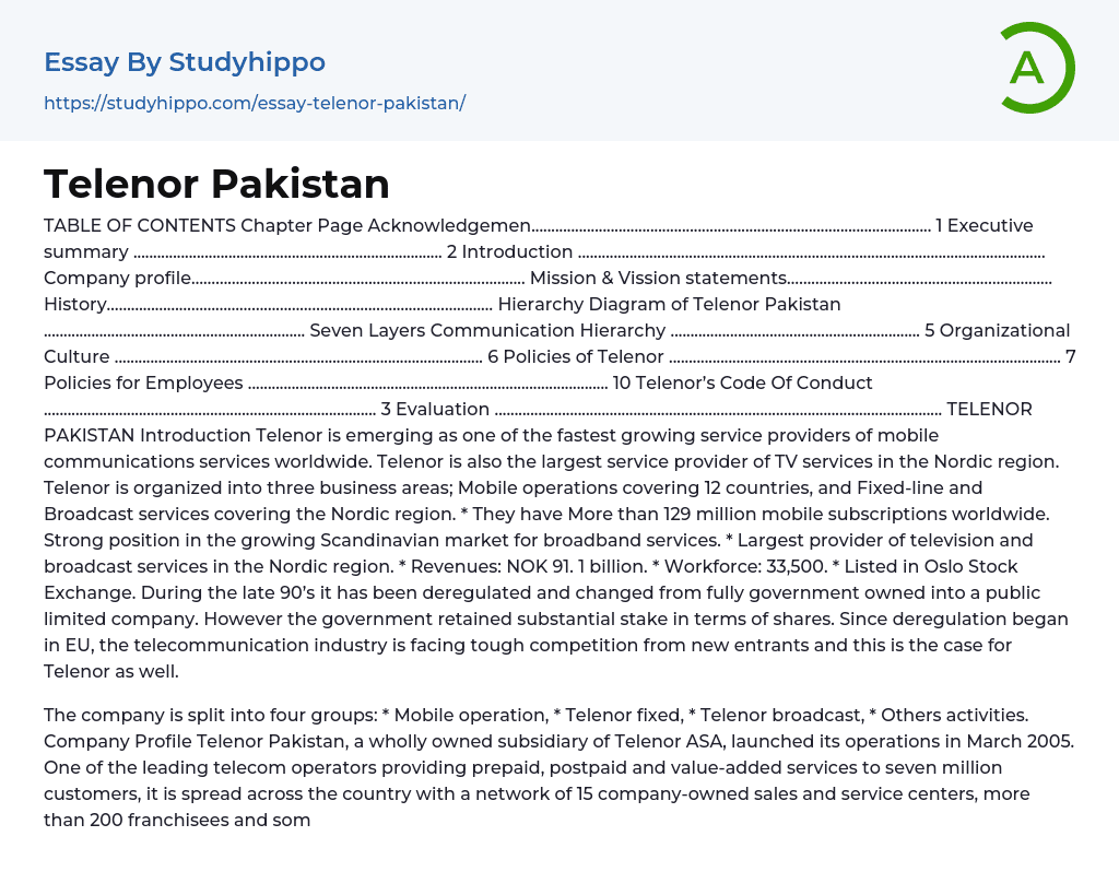 Telenor Pakistan – Is a Global Mobile Service Provider Essay Example