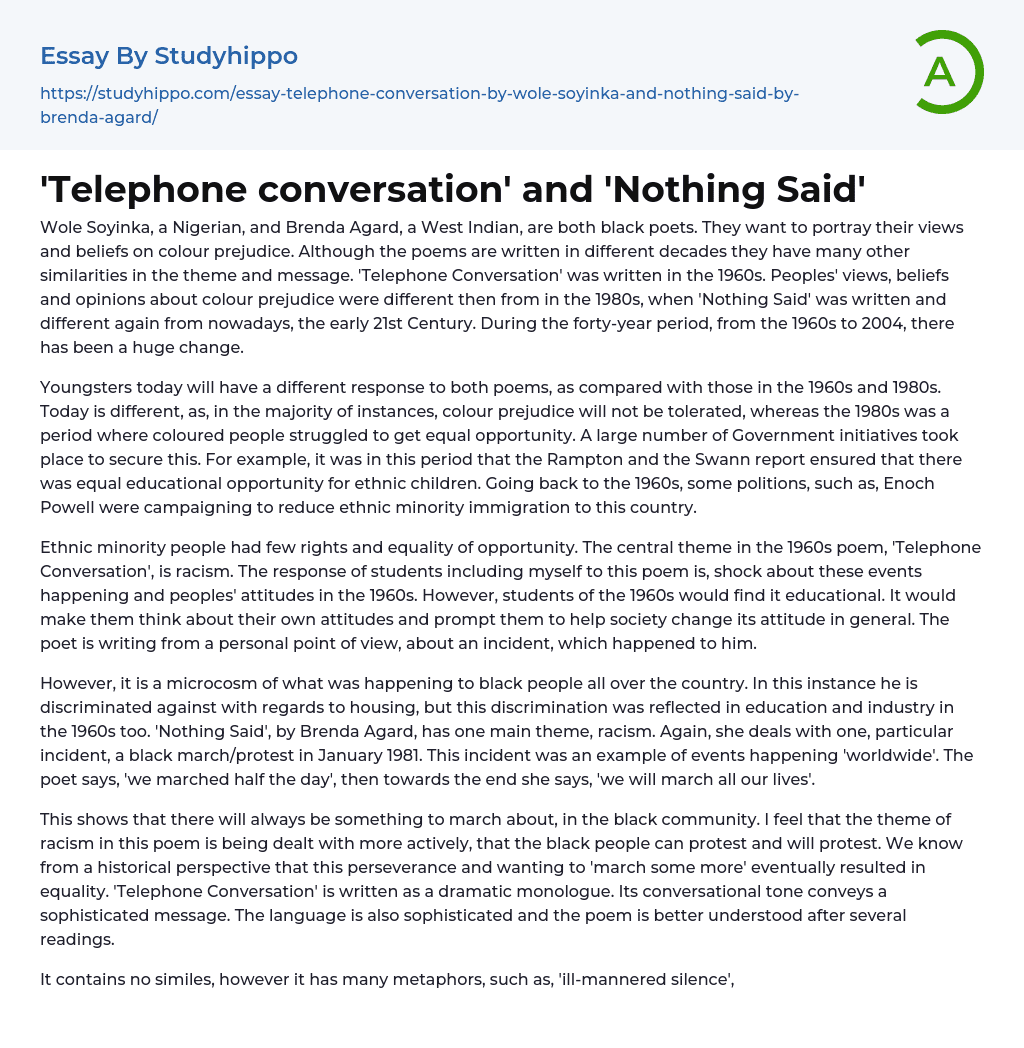 Telephone conversation’ and ‘Nothing Said’ Essay Example