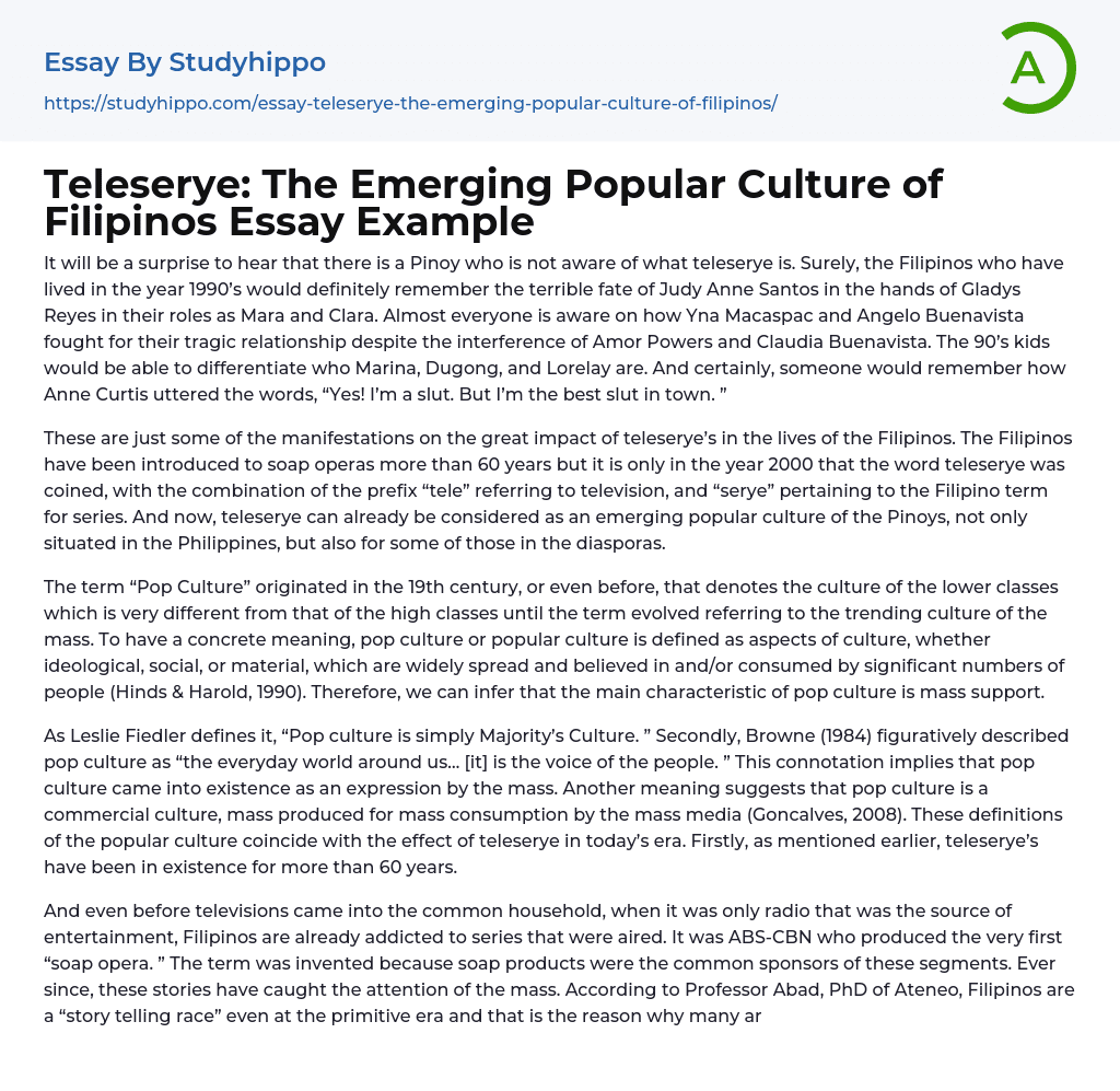 Teleserye: The Emerging Popular Culture of Filipinos Essay Example