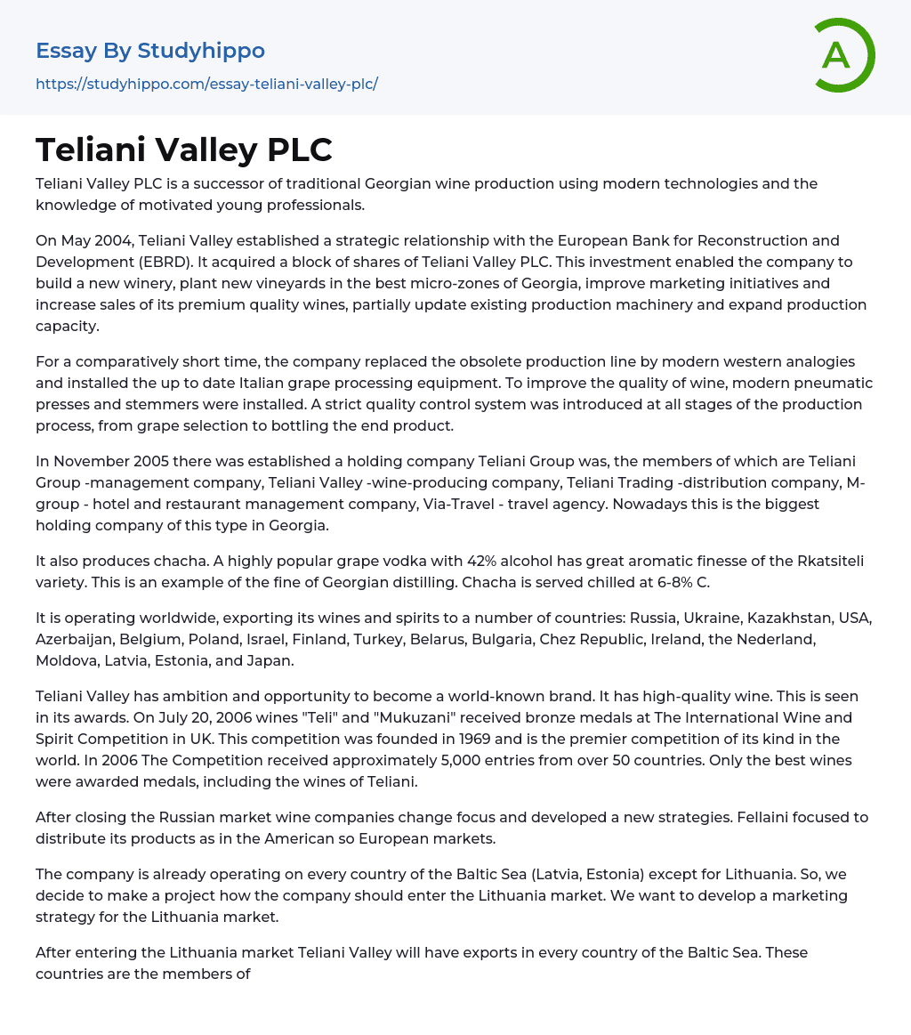 Teliani Valley PLC Essay Example