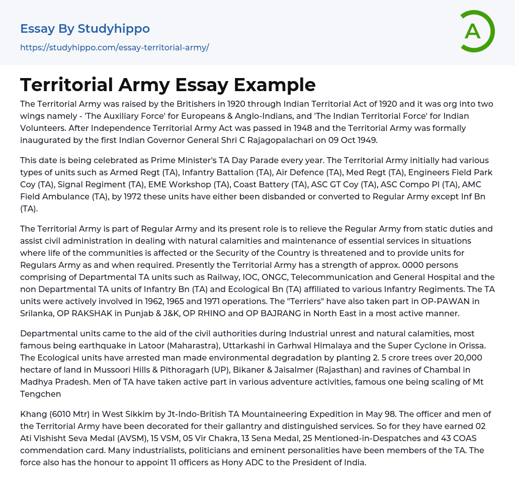 Territorial Army Essay Example