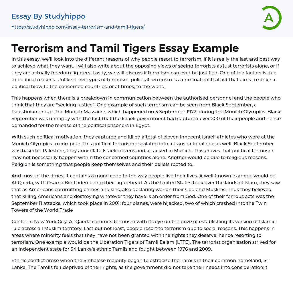 Terrorism and Tamil Tigers Essay Example