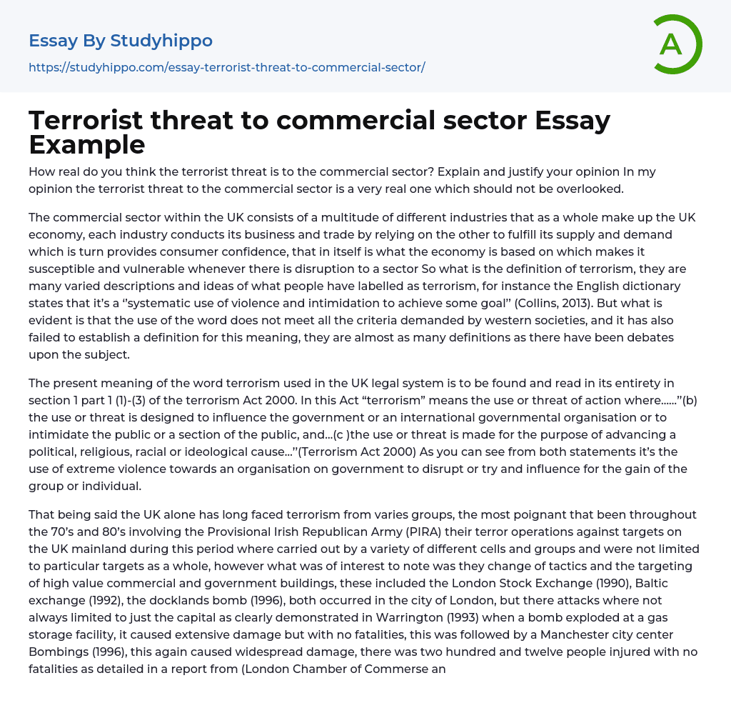 Terrorist threat to commercial sector Essay Example