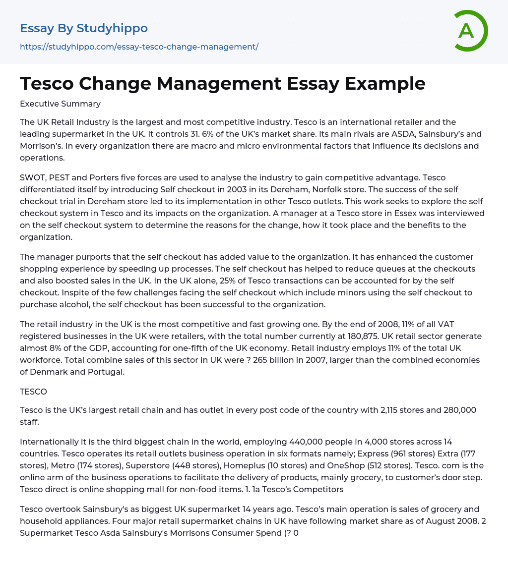 Tesco Change Management Essay Example