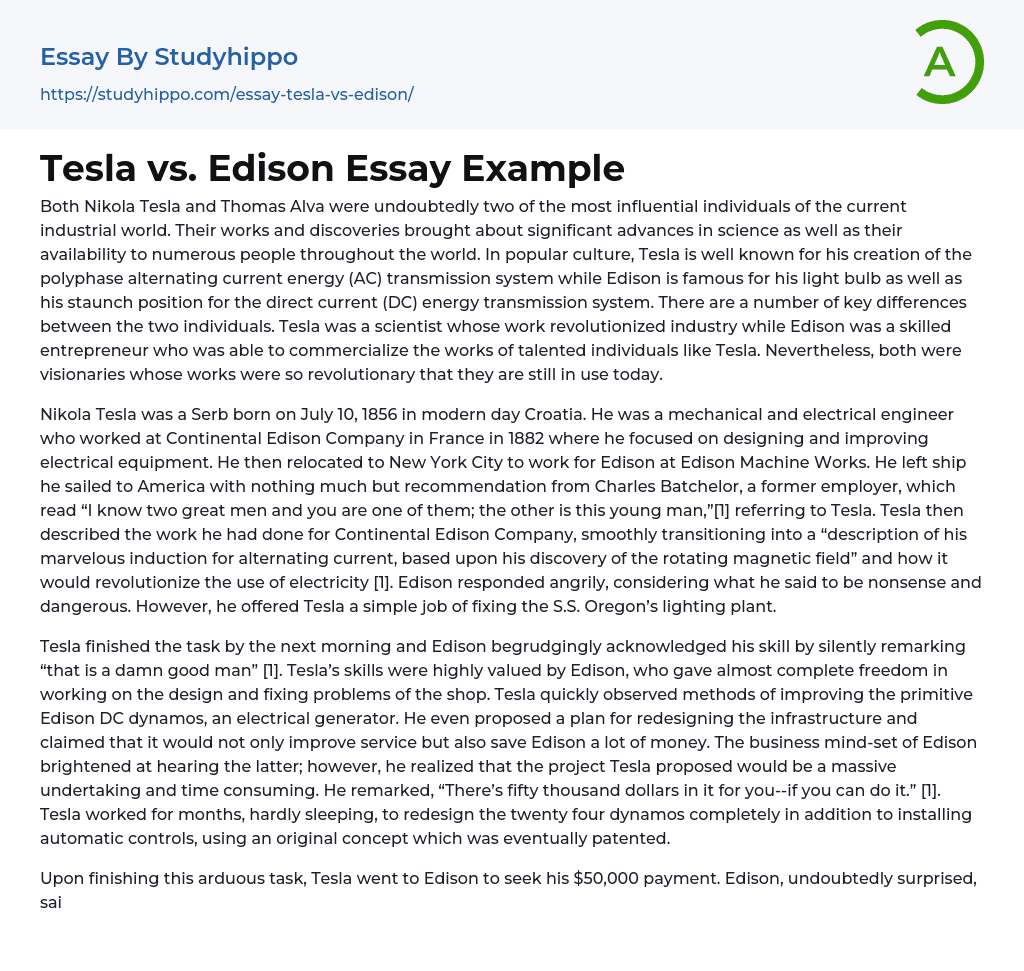 Tesla vs. Edison Essay Example