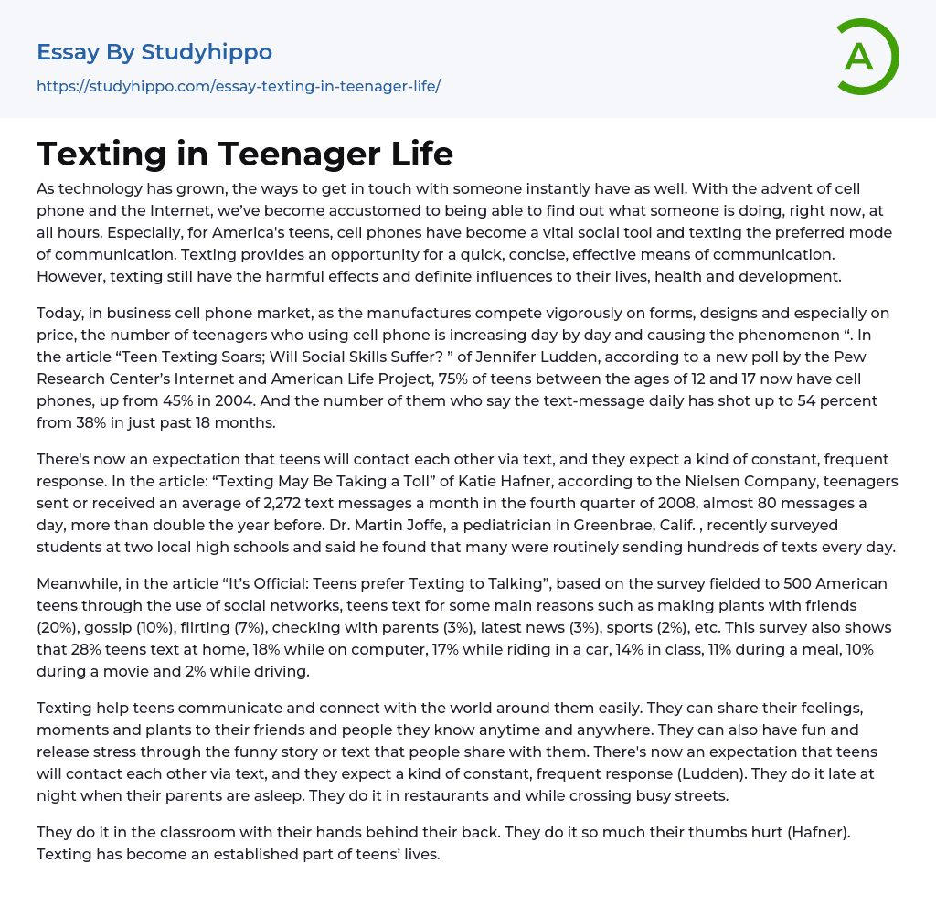 Texting in Teenager Life Essay Example