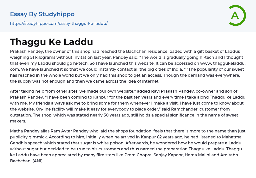 Thaggu Ke Laddu Essay Example