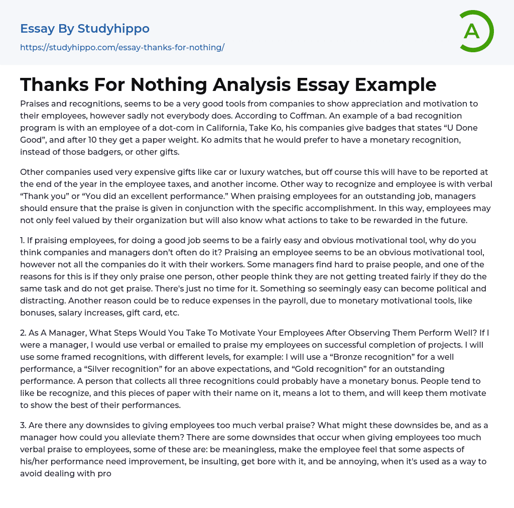 Thanks For Nothing Analysis Essay Example
