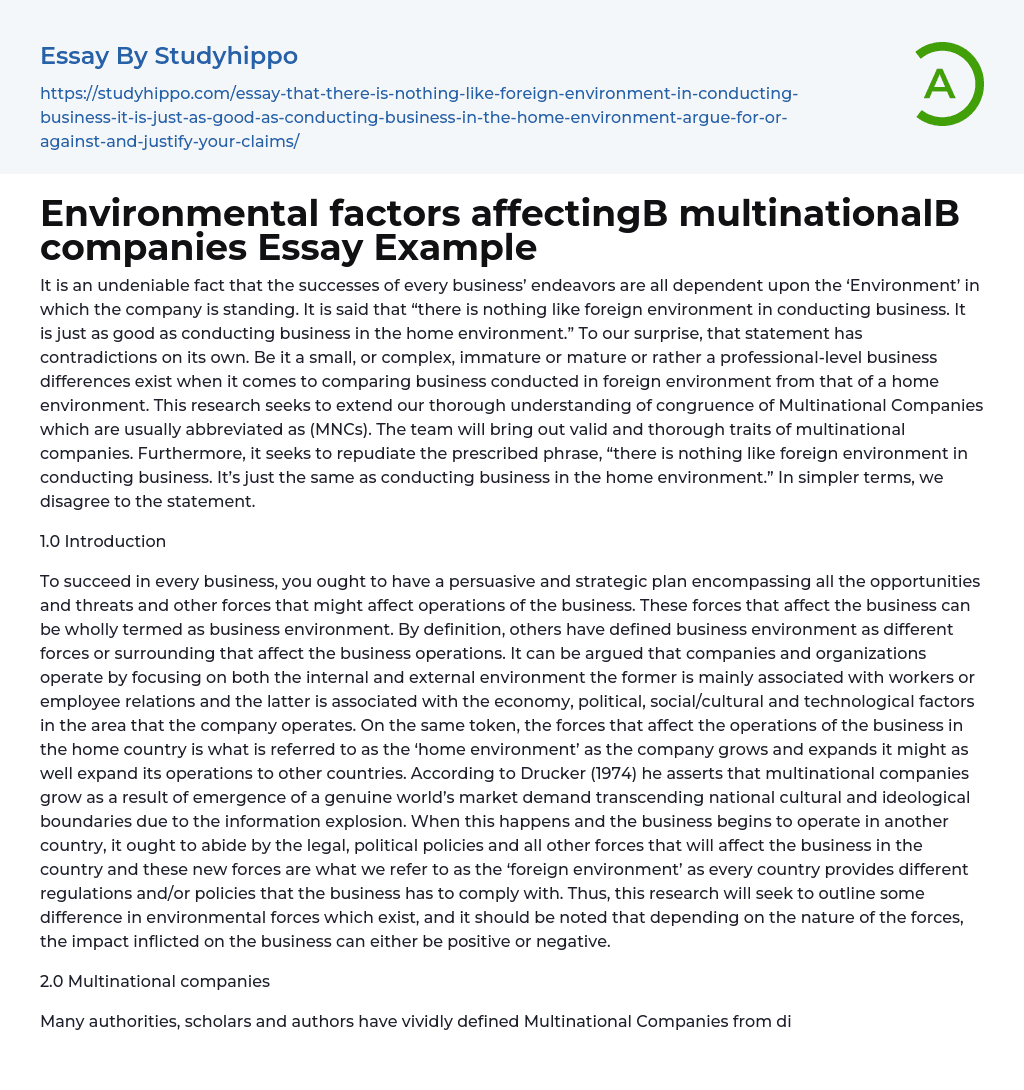Environmental factors affecting? multinational? companies Essay Example