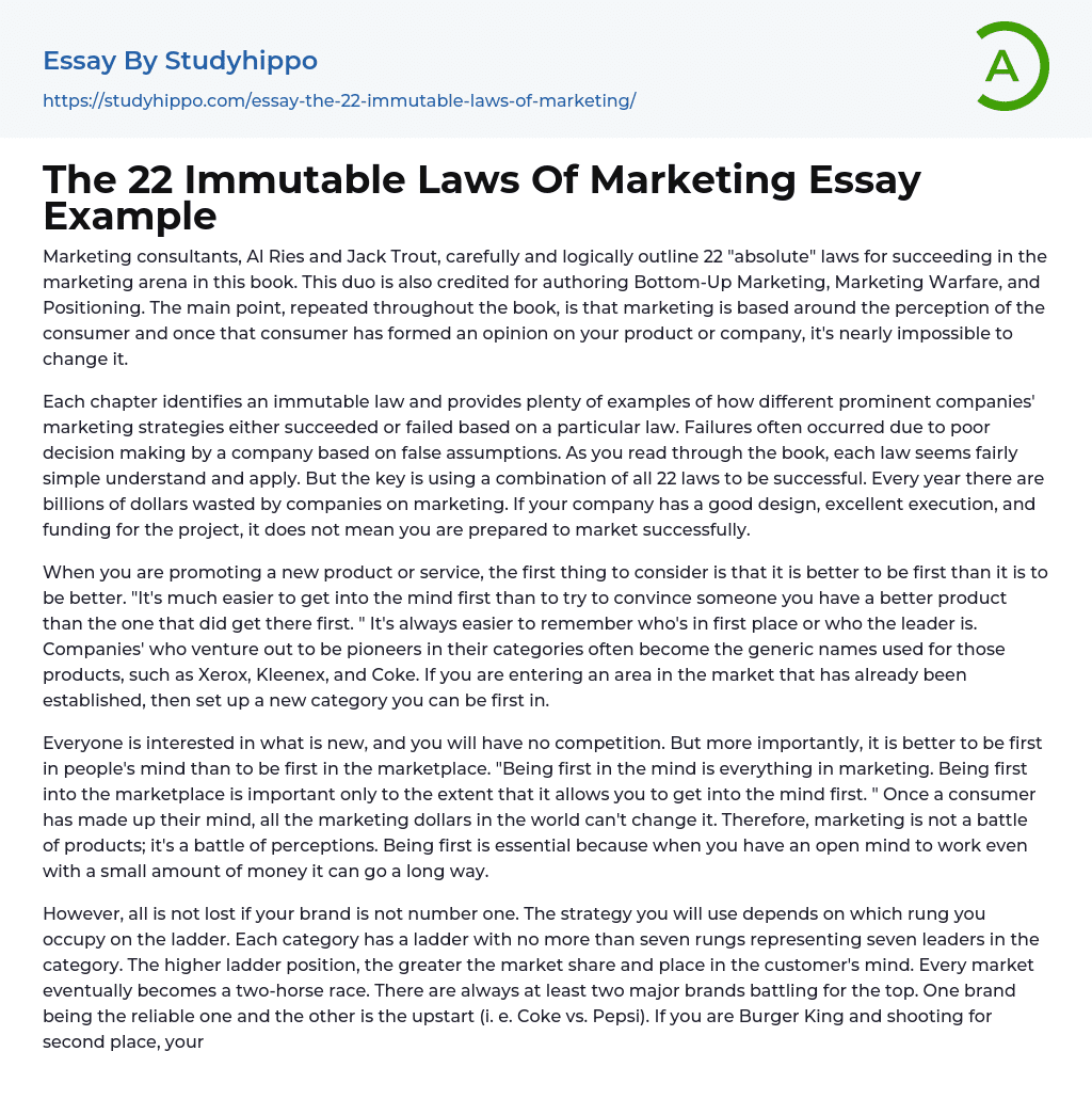 The 22 Immutable Laws Of Marketing Essay Example