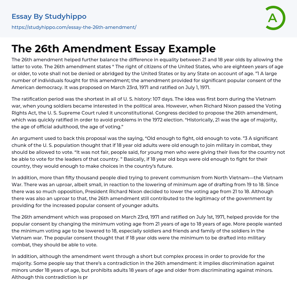 The 26th Amendment Essay Example