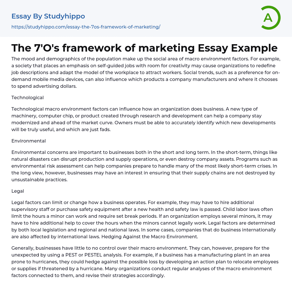 The 7’O’s framework of marketing Essay Example