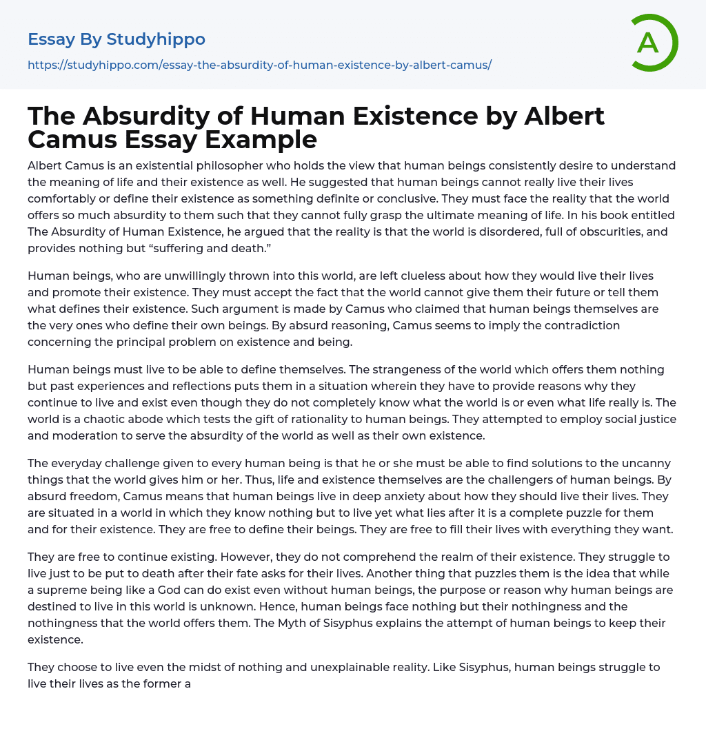 The Absurdity of Human Existence by Albert Camus Essay Example