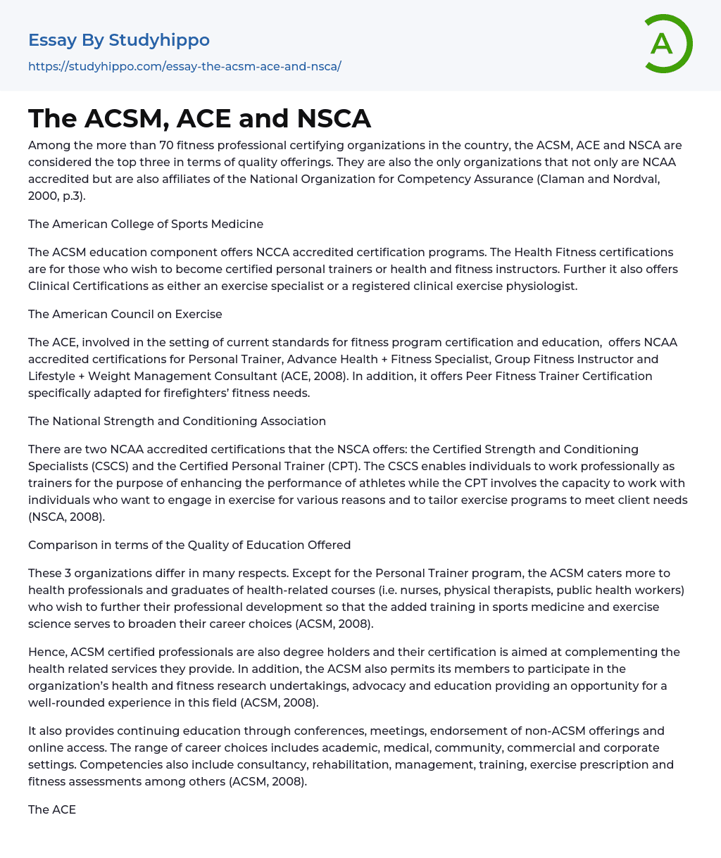 The ACSM, ACE and NSCA Essay Example