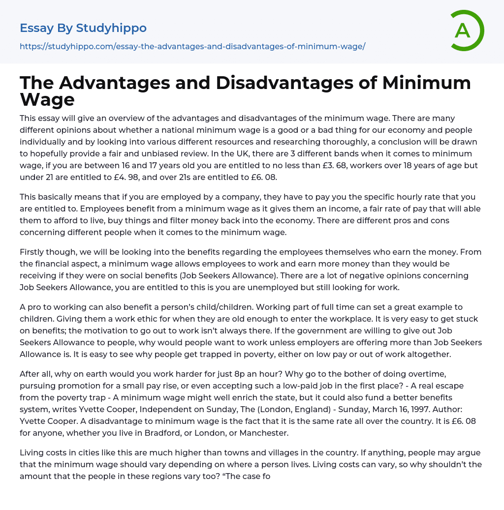 The Advantages and Disadvantages of Minimum Wage Essay Example