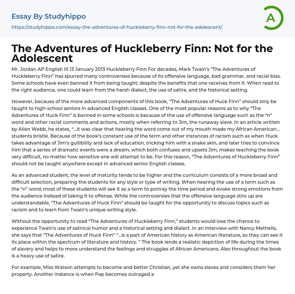 The Adventures of Huckleberry Finn: Not for the Adolescent Essay Example