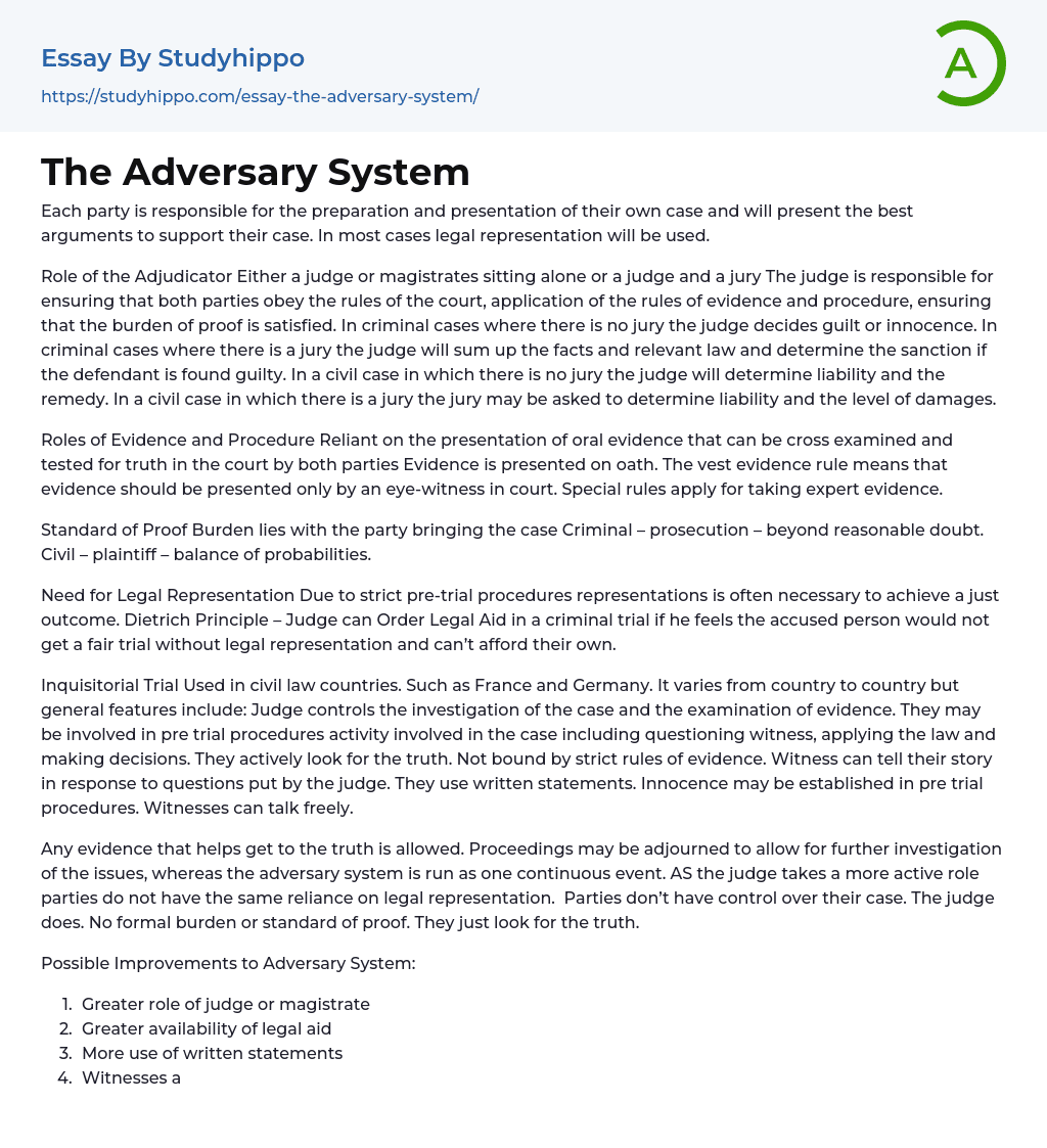 The Adversary System Essay Example