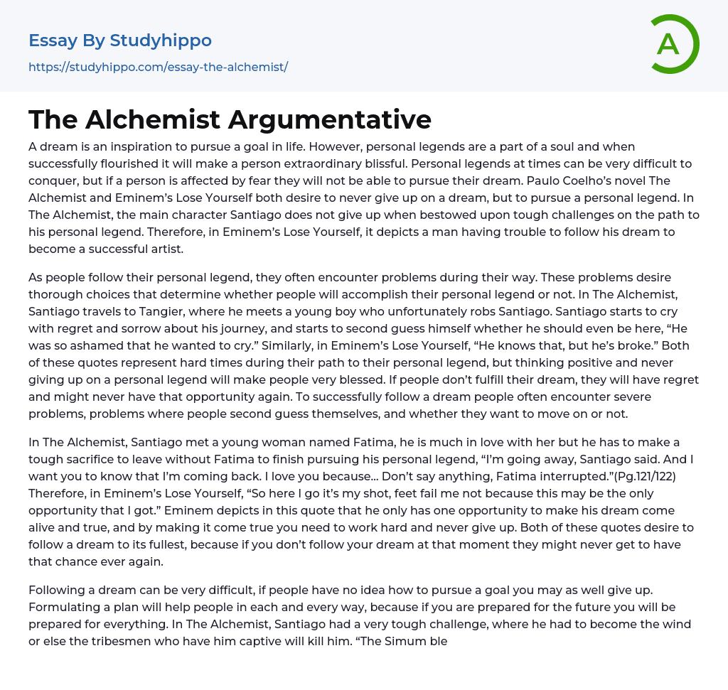The Alchemist Argumentative Essay Example