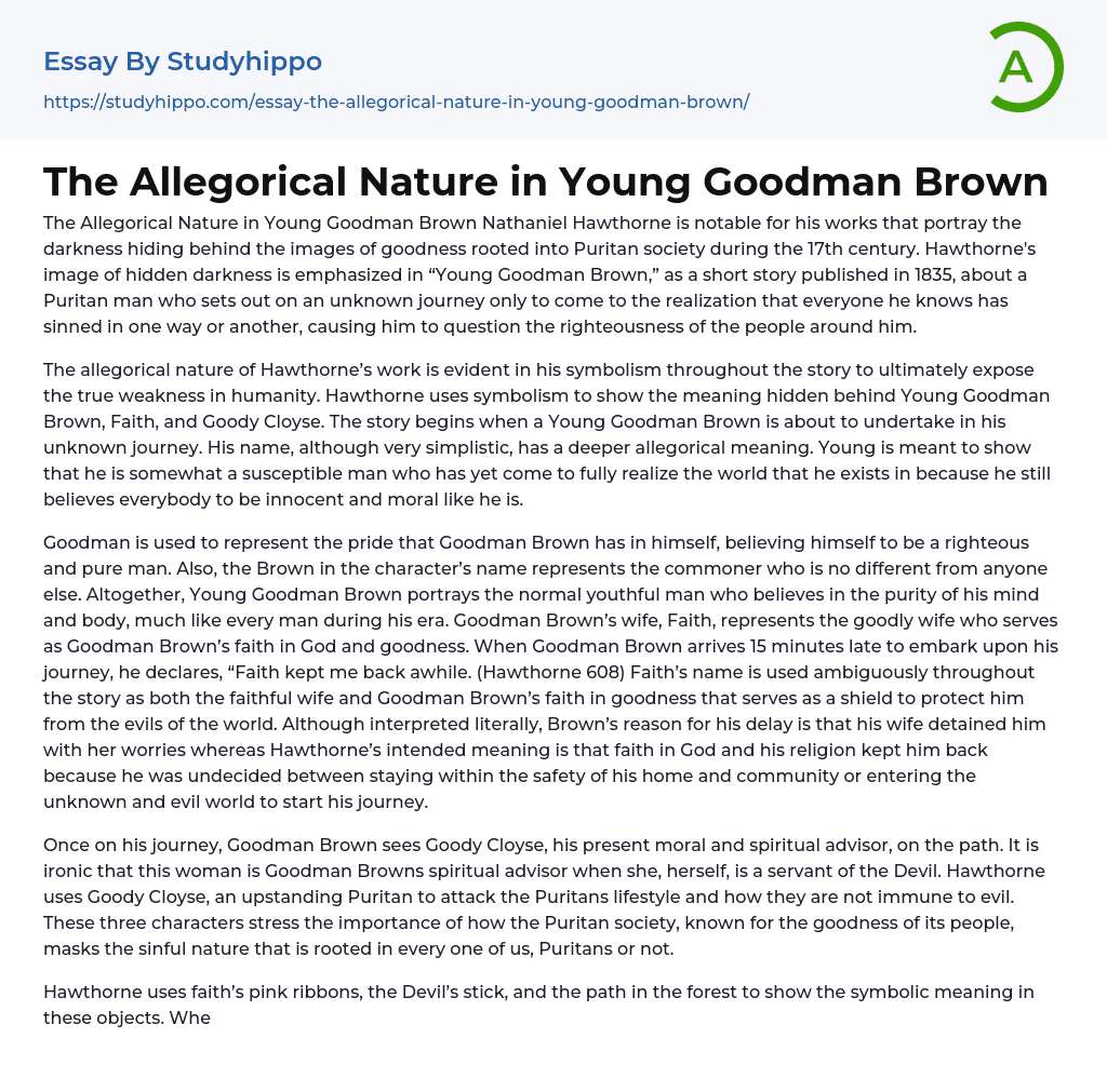 The Allegorical Nature in Young Goodman Brown Essay Example